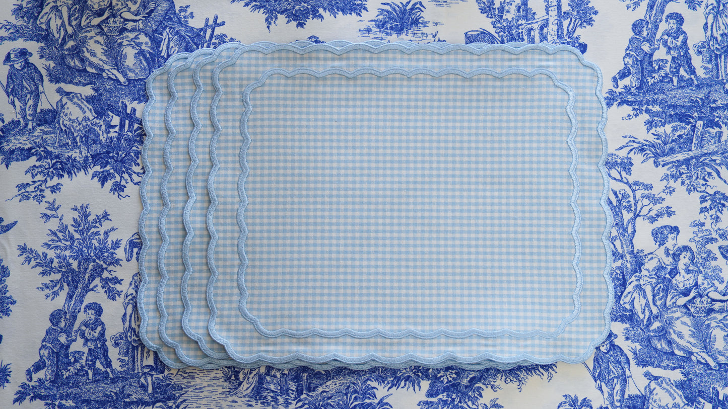 DAHLIA BLUE GINGHAM BLUE TRIM FABRIC PLACEMAT NAPKIN SET