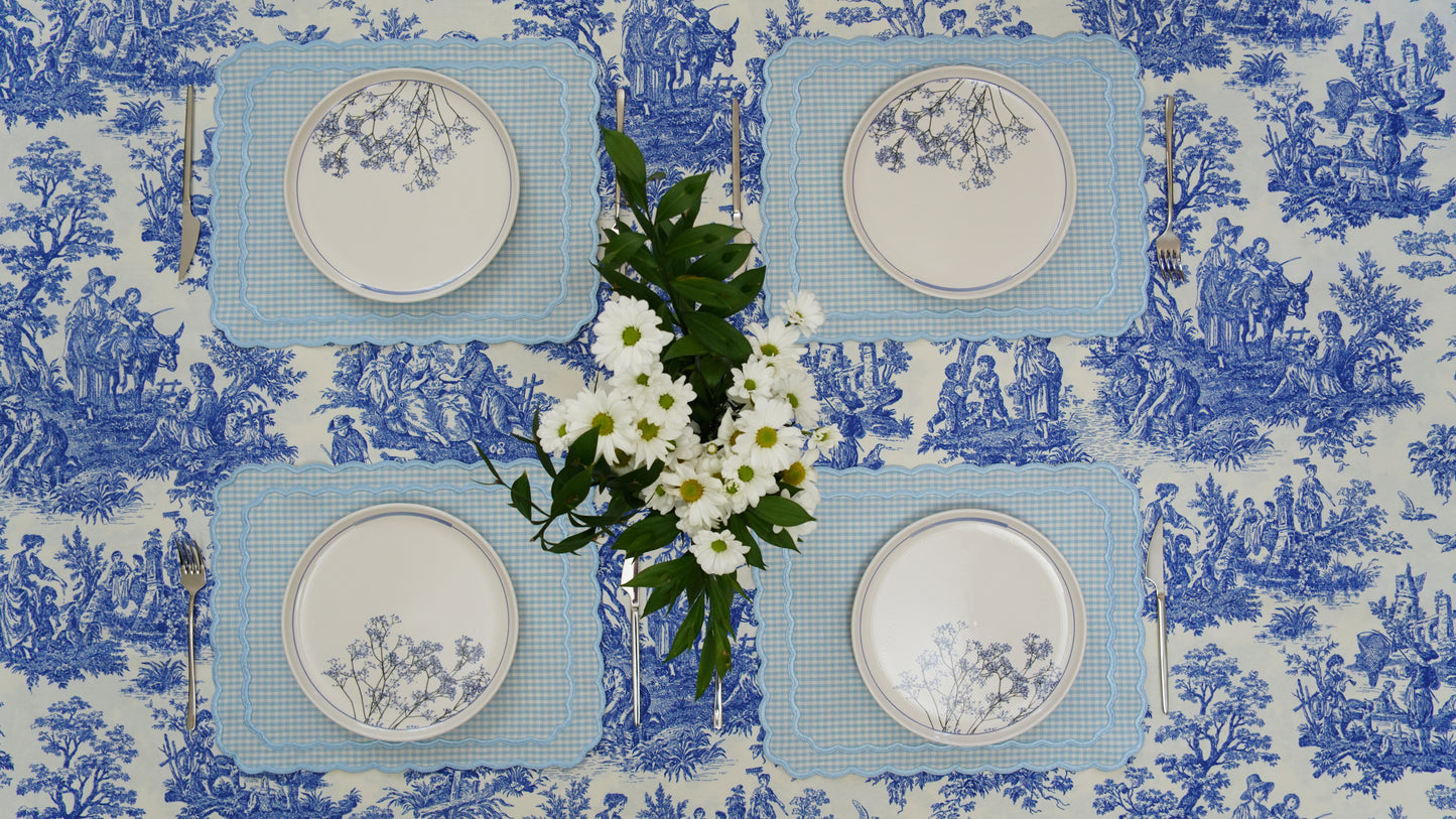 DAHLIA BLUE GINGHAM BLUE TRIM FABRIC PLACEMAT NAPKIN SET