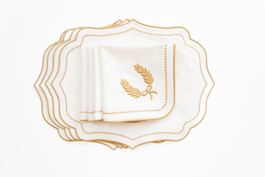 LUNA IVORY GOLD TRIM FABRIC PLACEMAT NAPKIN SET