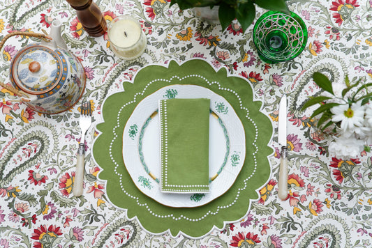 HARMONY GREEN WHITE FABRIC PLACEMAT NAPKIN SET