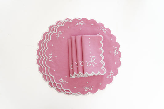 RIBBIA PINK WHITE TRIM FABRIC PLACEMAT NAPKIN SET