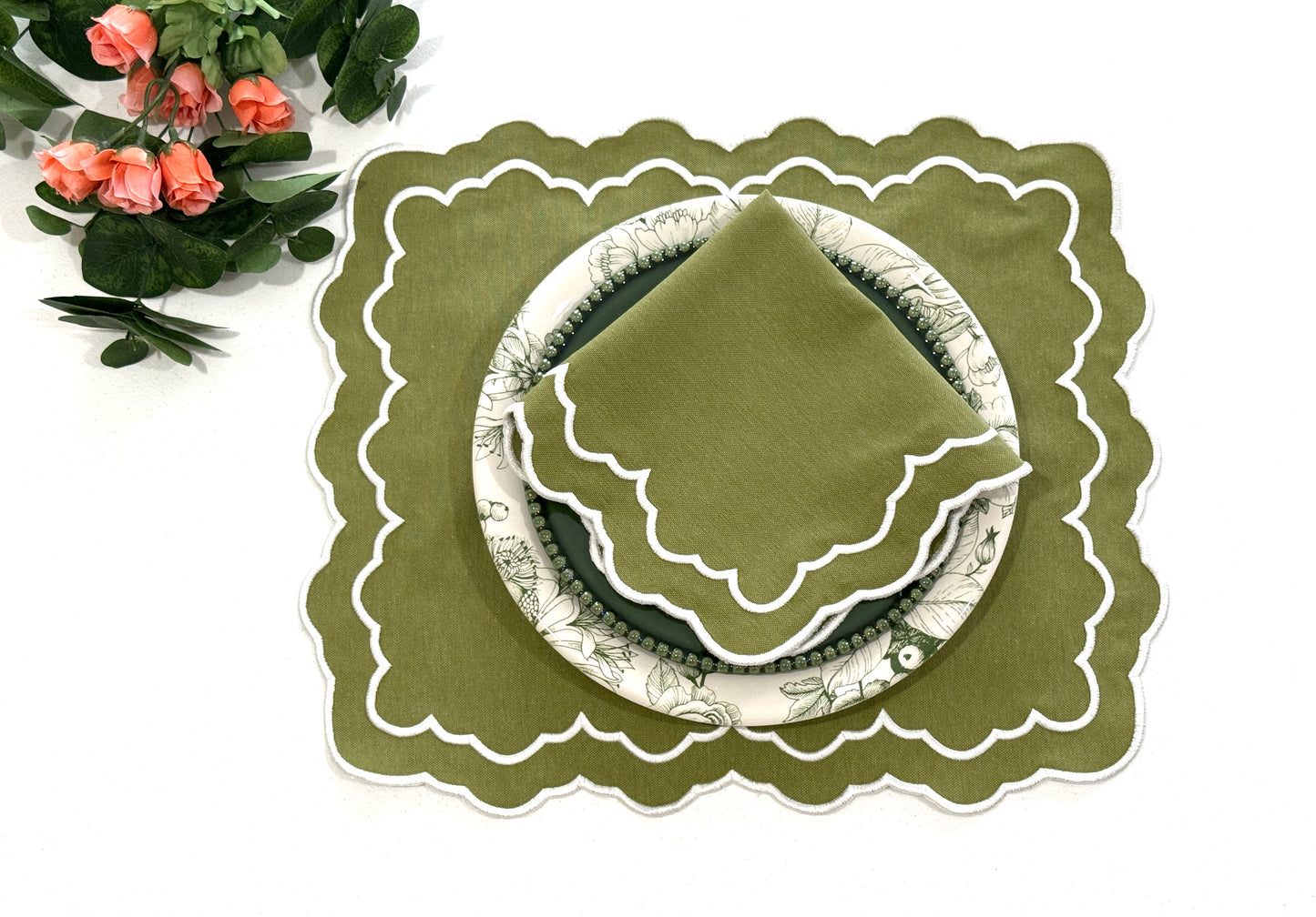 ELARA GREEN WHITE FABRIC PLACEMAT NAPKIN SET