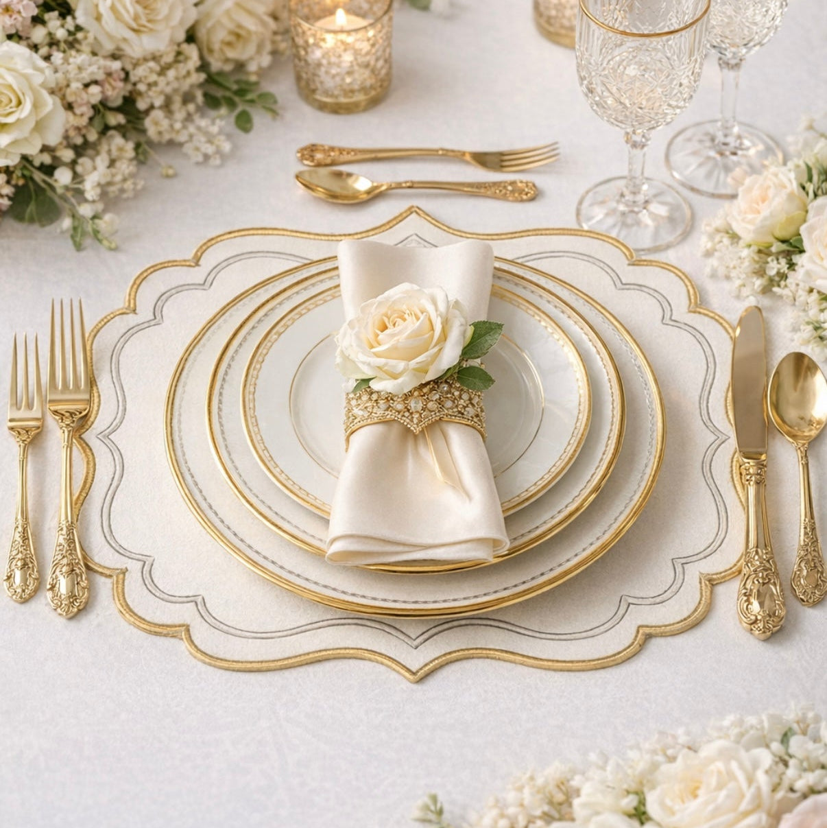 Elegant table setting with white roses, gold cutlery, and decorative plates.