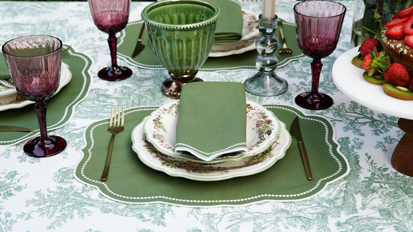 MIRELI GREEN WHITE TRIM FABRIC PLACEMAT NAPKIN SET