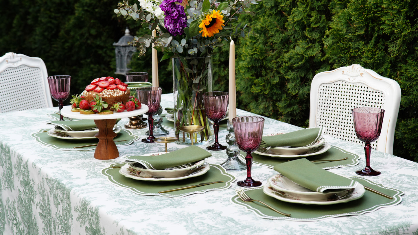 MIRELI GREEN WHITE TRIM FABRIC PLACEMAT NAPKIN SET