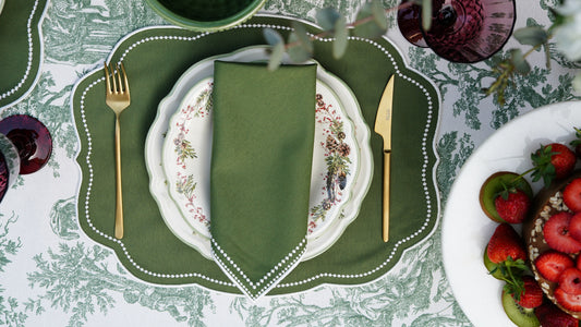 MIRELI GREEN WHITE TRIM FABRIC PLACEMAT NAPKIN SET