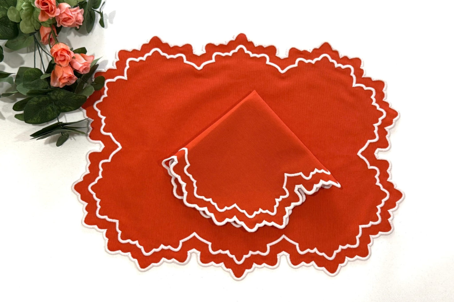 BLOSSOM ORANGE WHITE FABRIC PLACEMAT NAPKIN SET