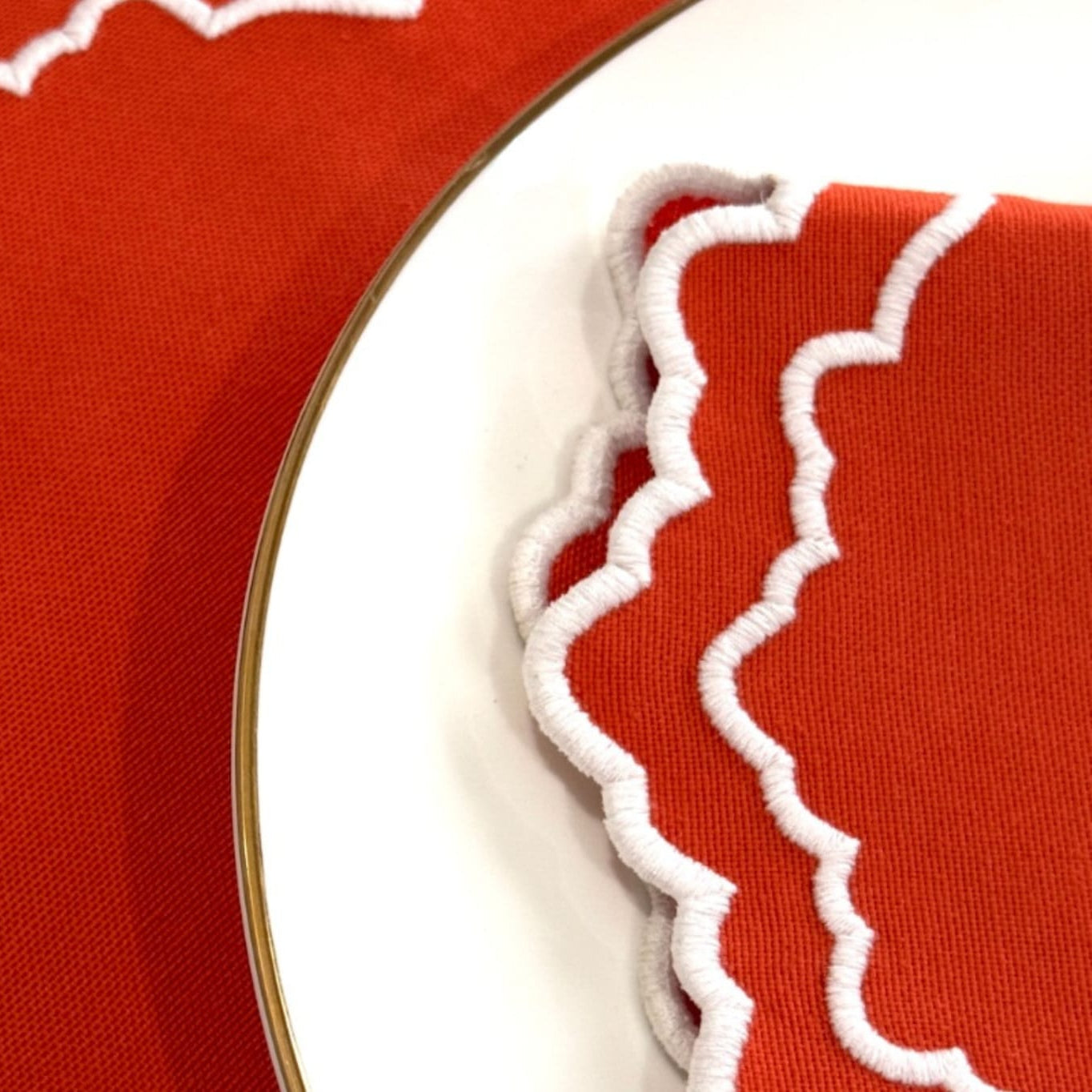 Red fabric with white trim on a white background