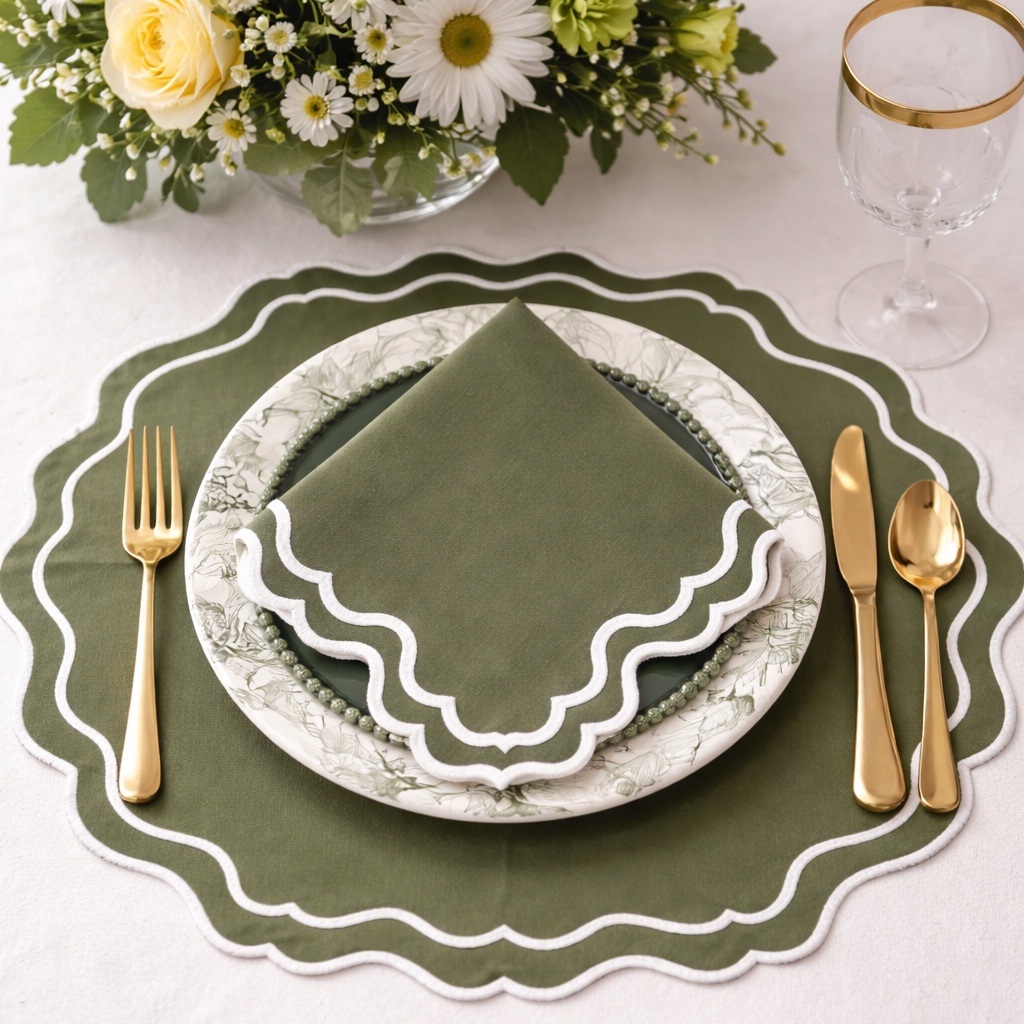 A set of dark green placemats with a scalloped edge and white embroidery, displayed on a white background.