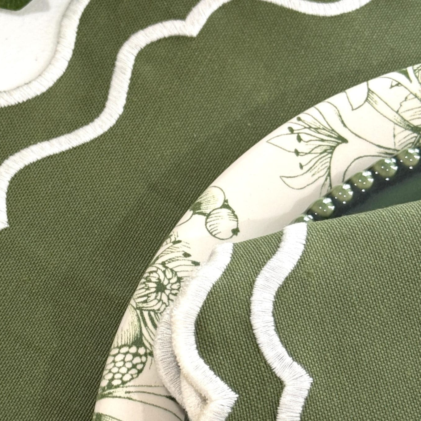 Close-up of green fabric with white embroidery and floral pattern.