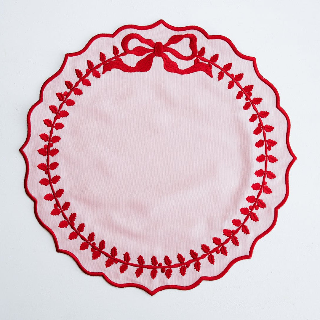 Decorative plate with red floral border on a light gray background