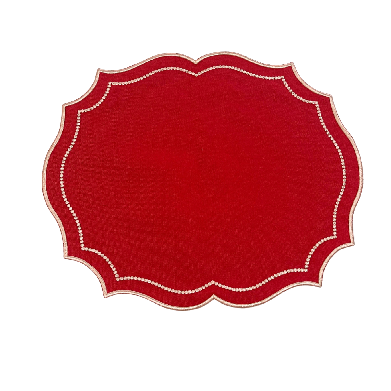 A crimson red fabric placemat with embroidered detailing around the edge, displayed on a white background.