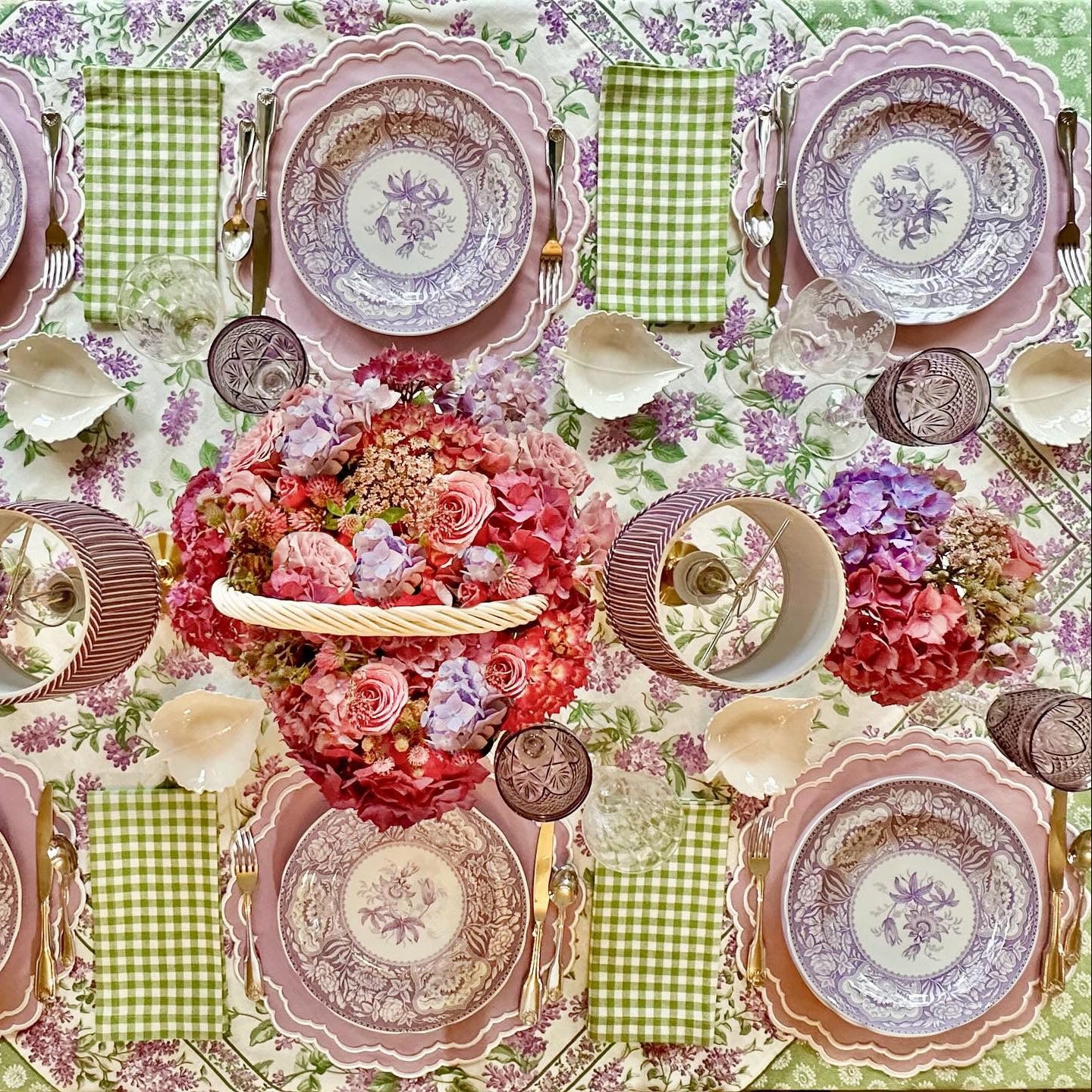 Collage of floral arrangements, plates, and checkered tablecloths with a vintage aesthetic.