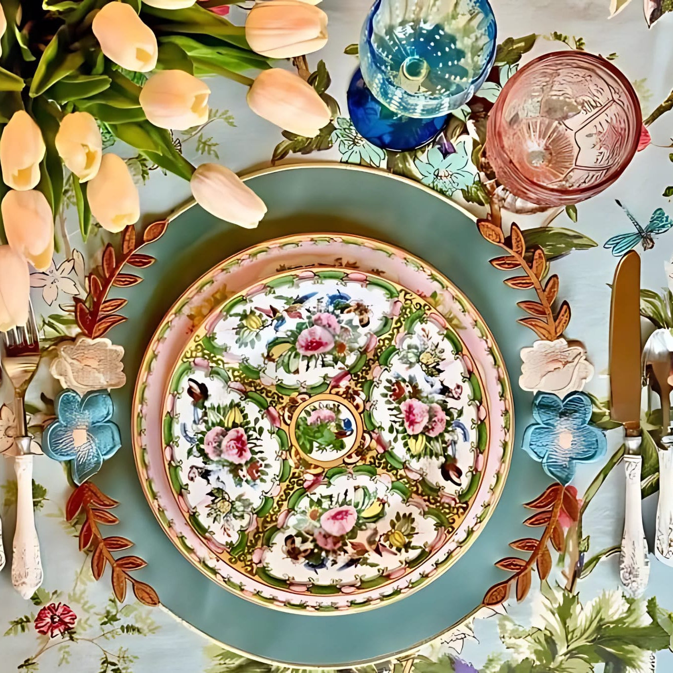 A set table featuring a blue faux leather placemat with floral embroidery, surrounded by cutlery, plates, and a floral arrangement.
