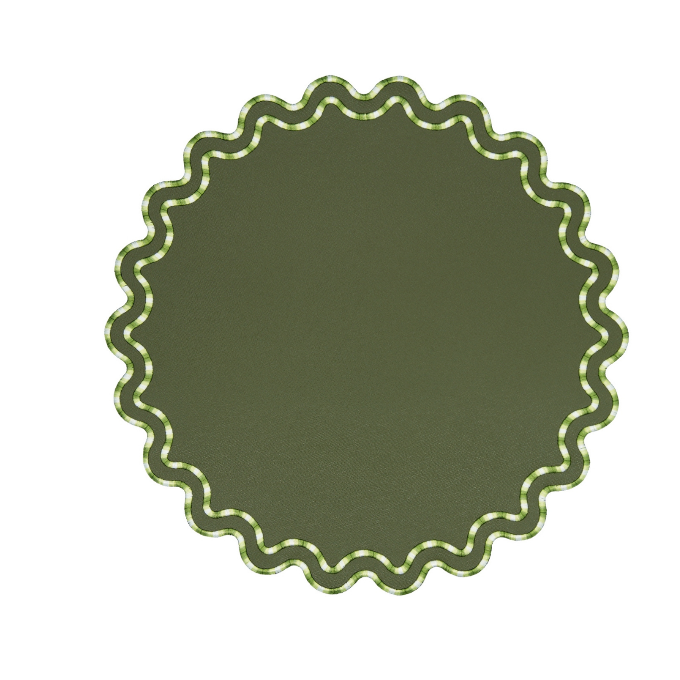A round dark green faux leather placemat with a scalloped edge design.