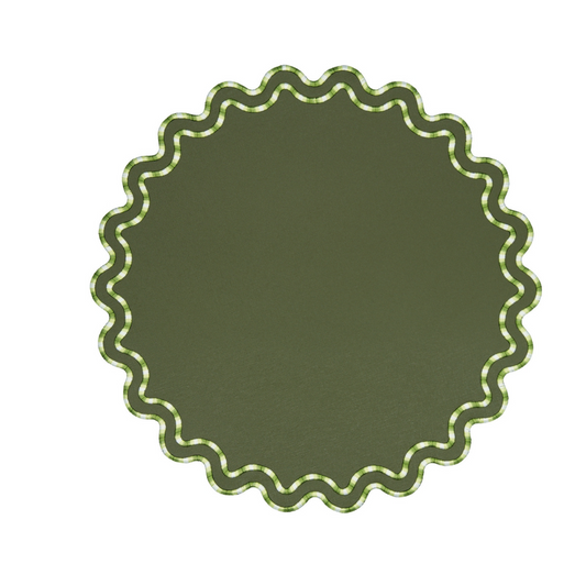 A round dark green faux leather placemat with a scalloped edge design.