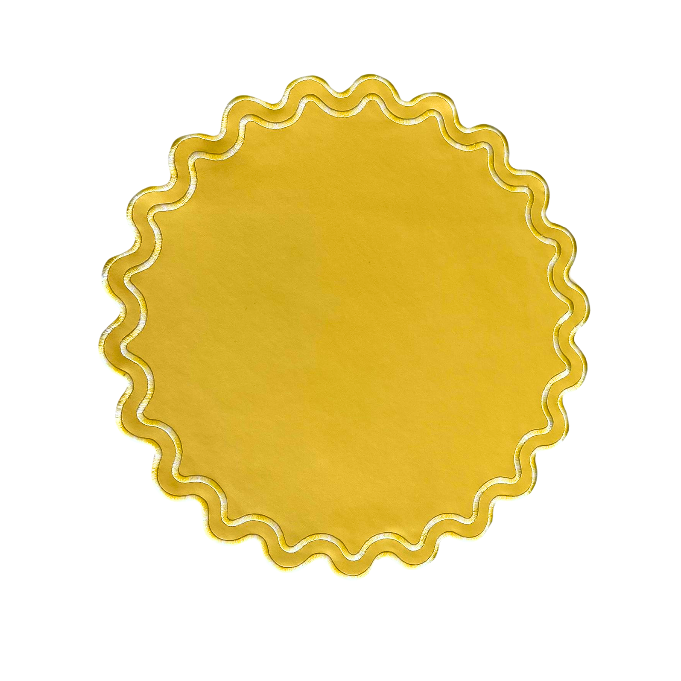 A round yellow faux leather placemat with a scalloped edge design.