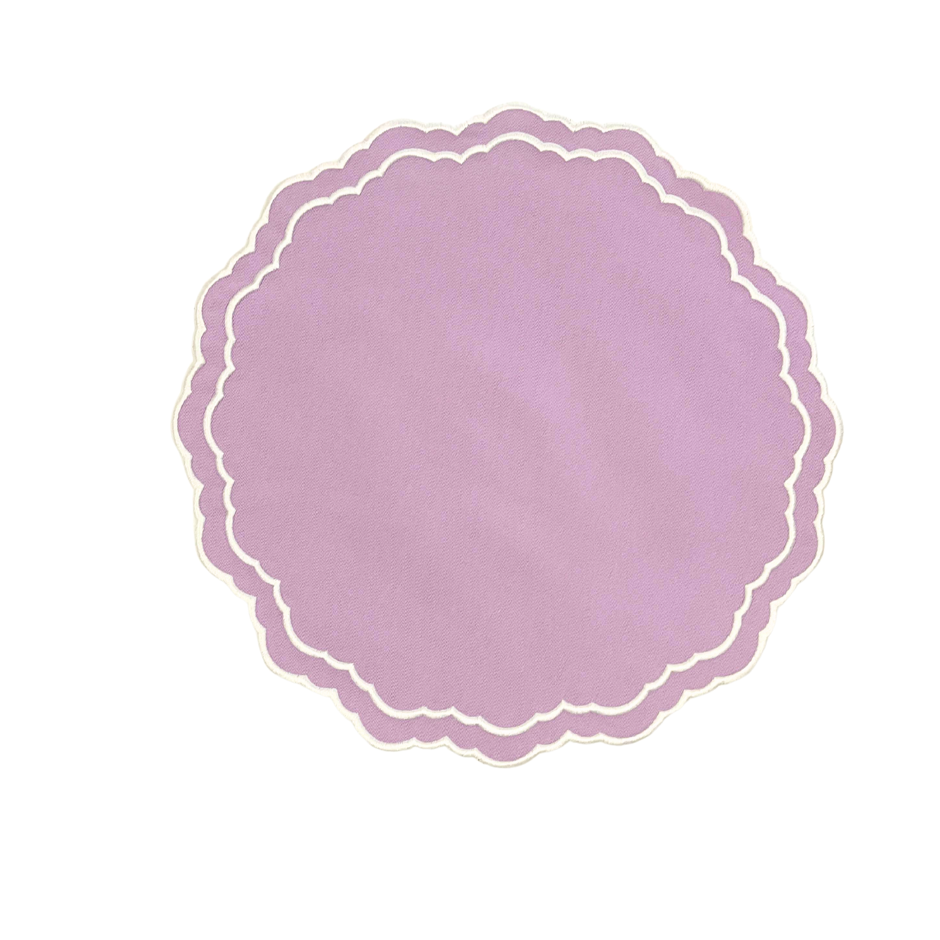 A round purple fabric placemat with embroidered edges on a white background.