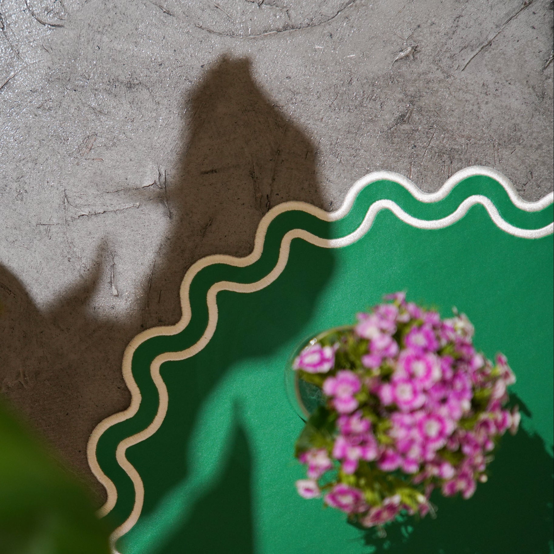 Shadow of a person on a textured surface with a green decorative border and pink flowers.