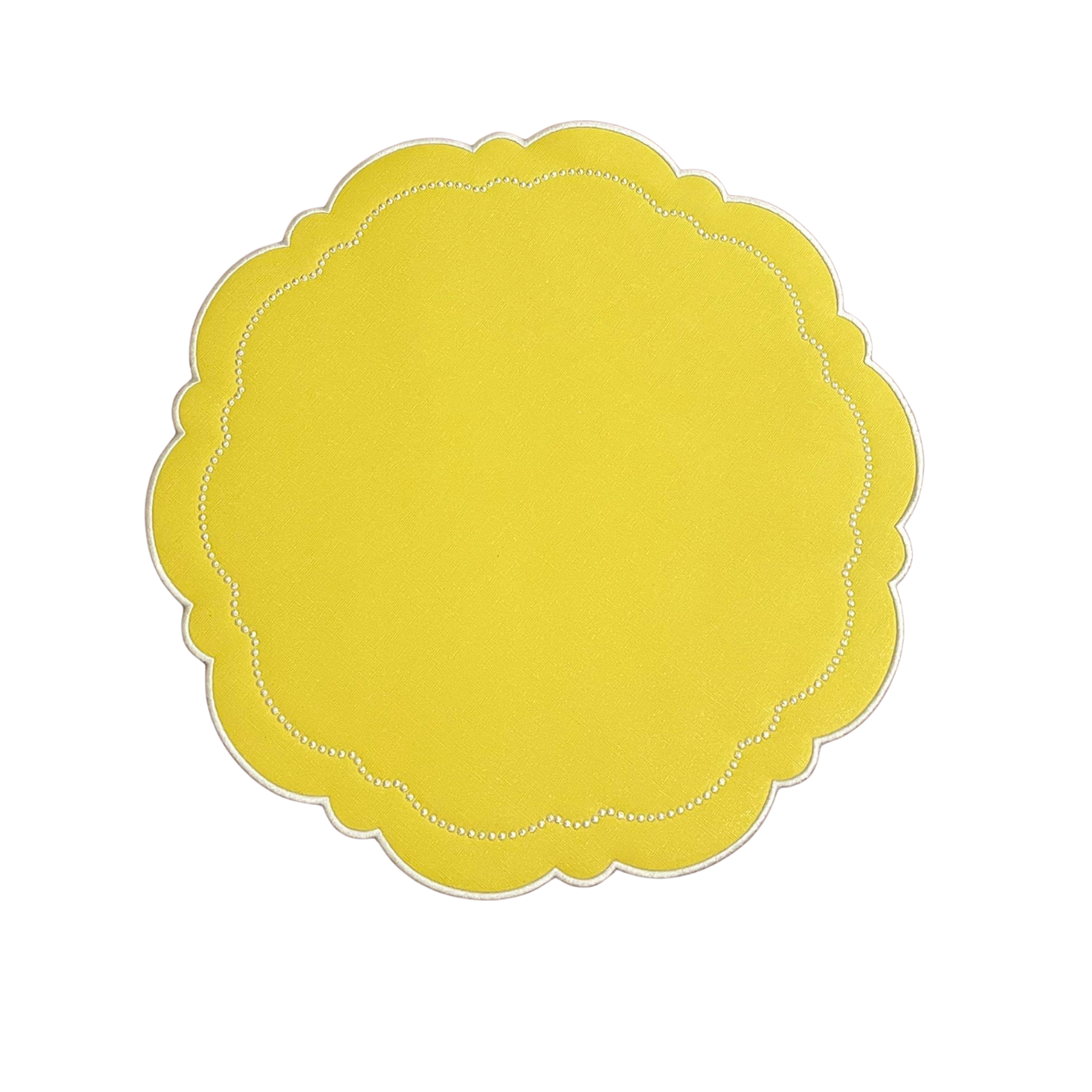 A round yellow faux leather placemat with a scalloped edge design.