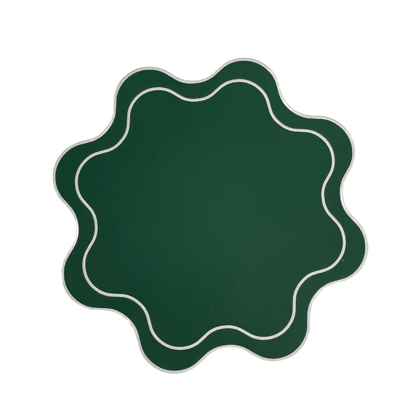 A round green faux leather placemat with a decorative white embroidered border.