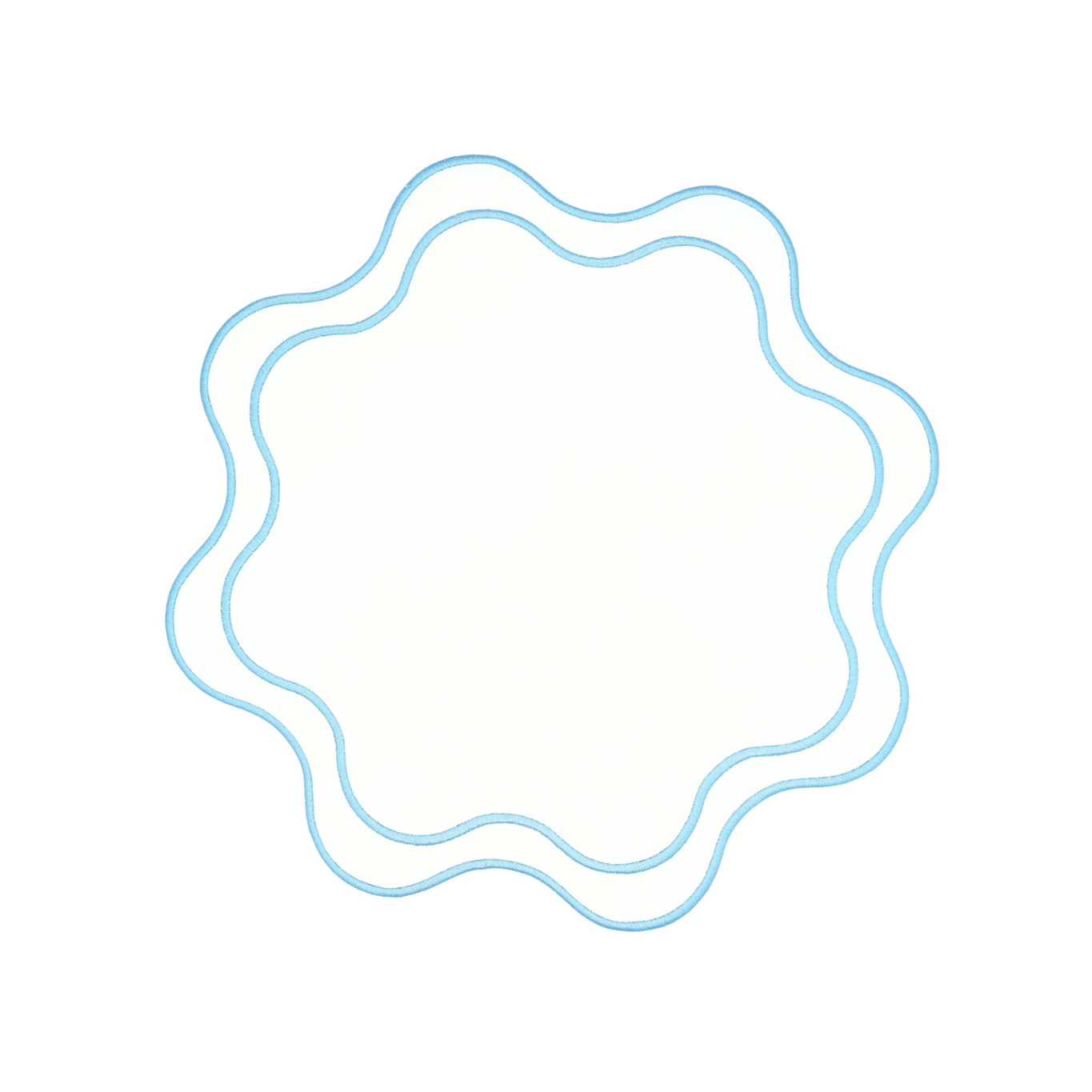 A round placemat with a white and blue faux leather design.