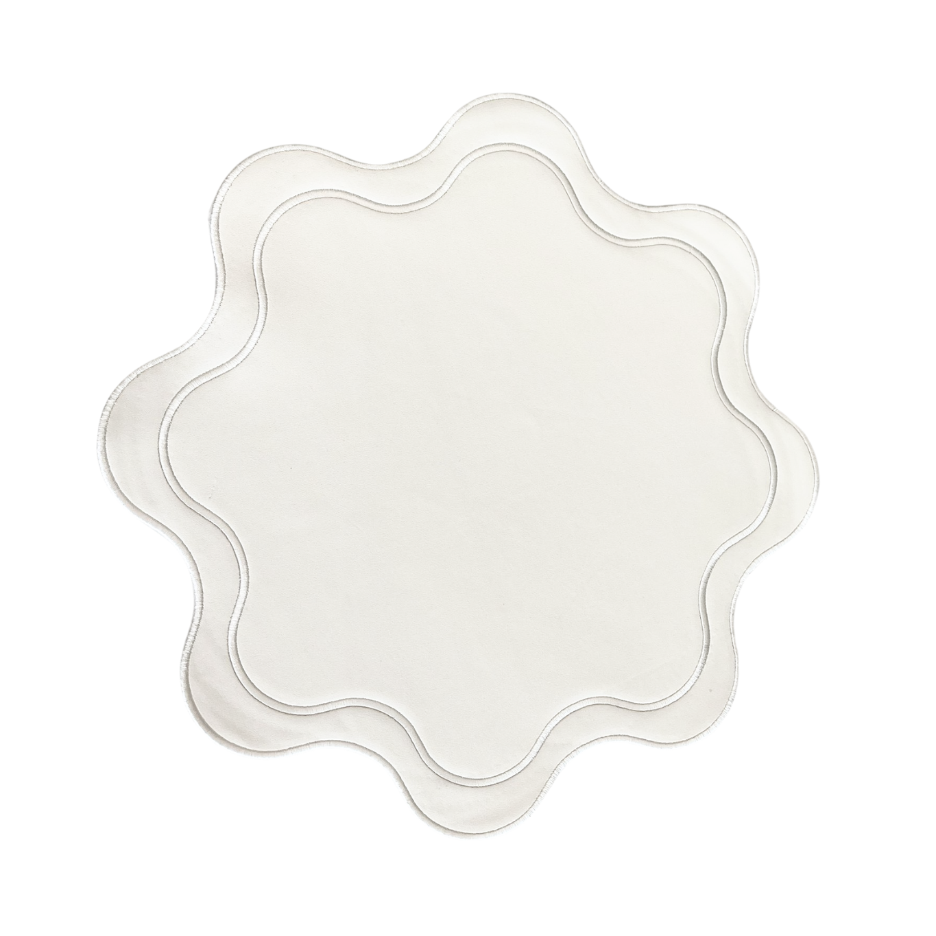 A round white faux leather placemat with a textured surface and decorative stitching.