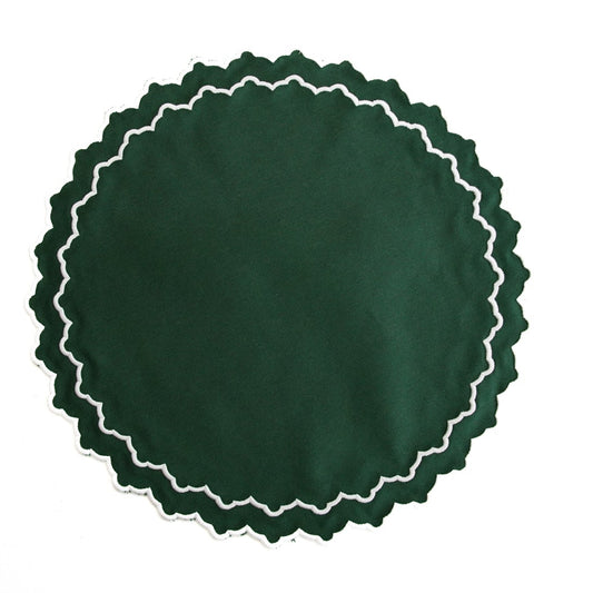 Green circular object with white scalloped edge on a white background