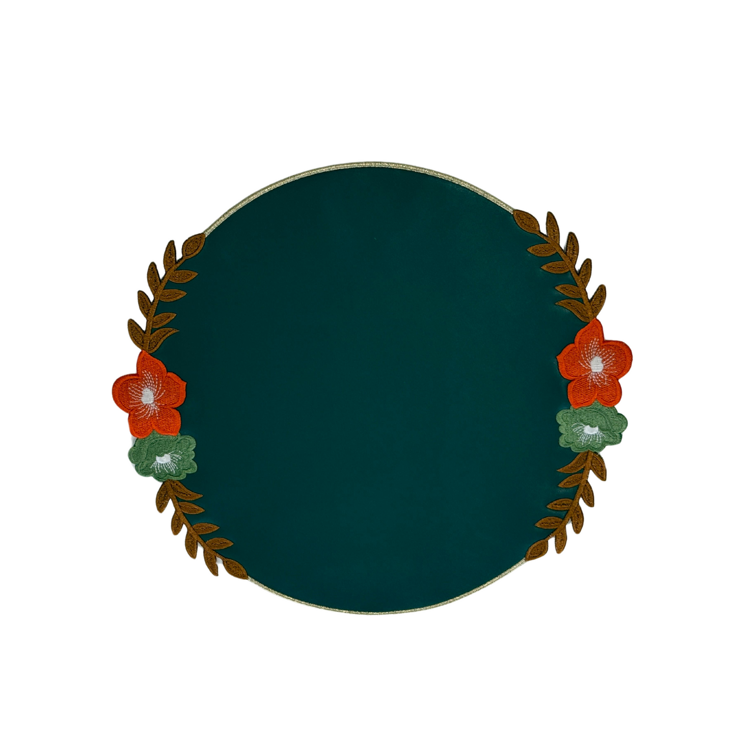 A round dark green faux leather placemat with a floral pattern in the center, featuring red and beige colors.