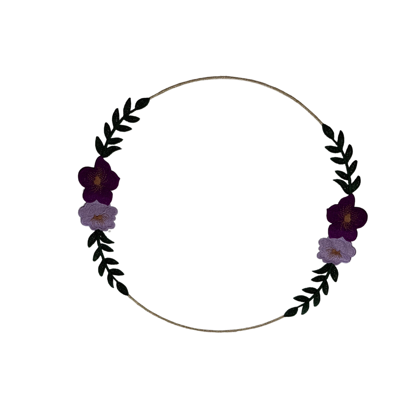 A round faux leather placemat with a floral pattern in purple and green around the edge.