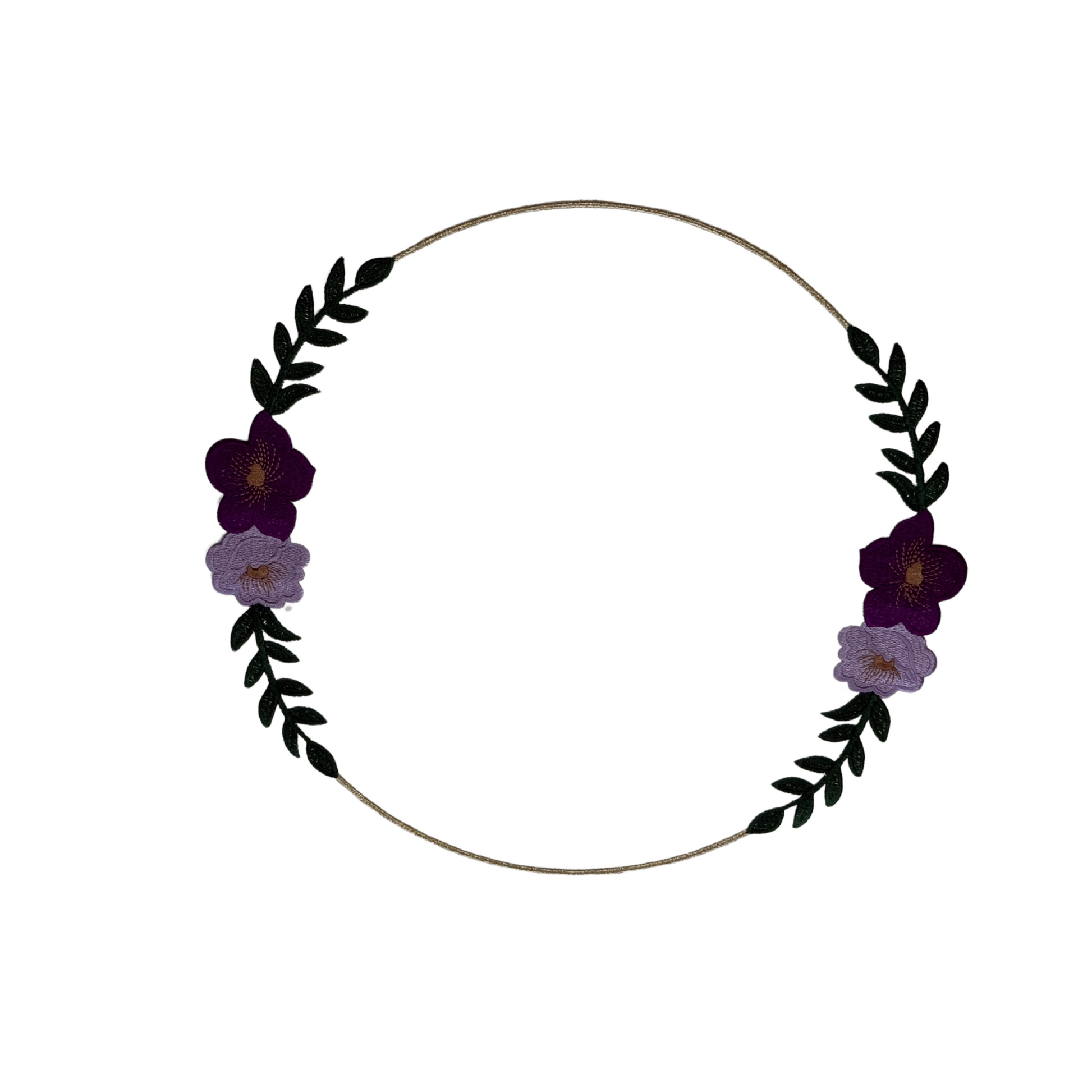 A round faux leather placemat with a floral pattern in purple and green around the edge.