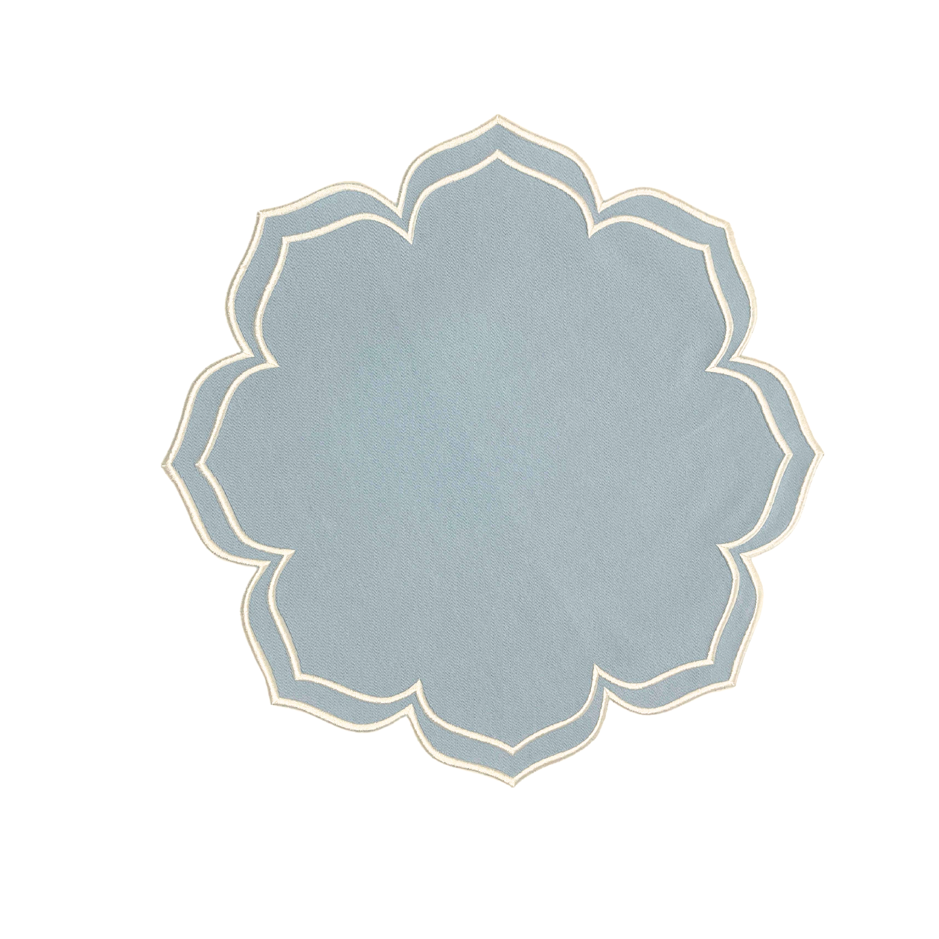 A round blue fabric placemat with embroidered details and a subtle floral pattern around the edge.