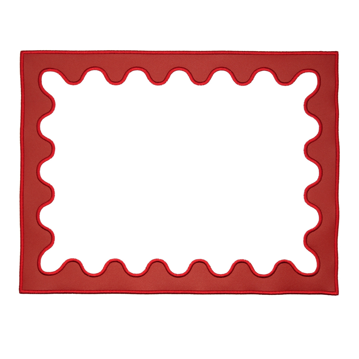 A red faux leather placemat with a scalloped edge design on a white background.