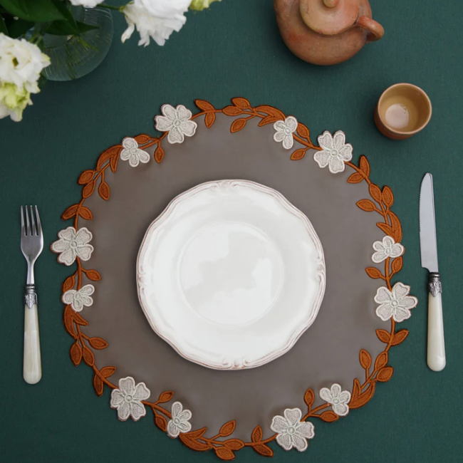 Placemat with floral design on a table setting with a white plate, fork, and knife.
