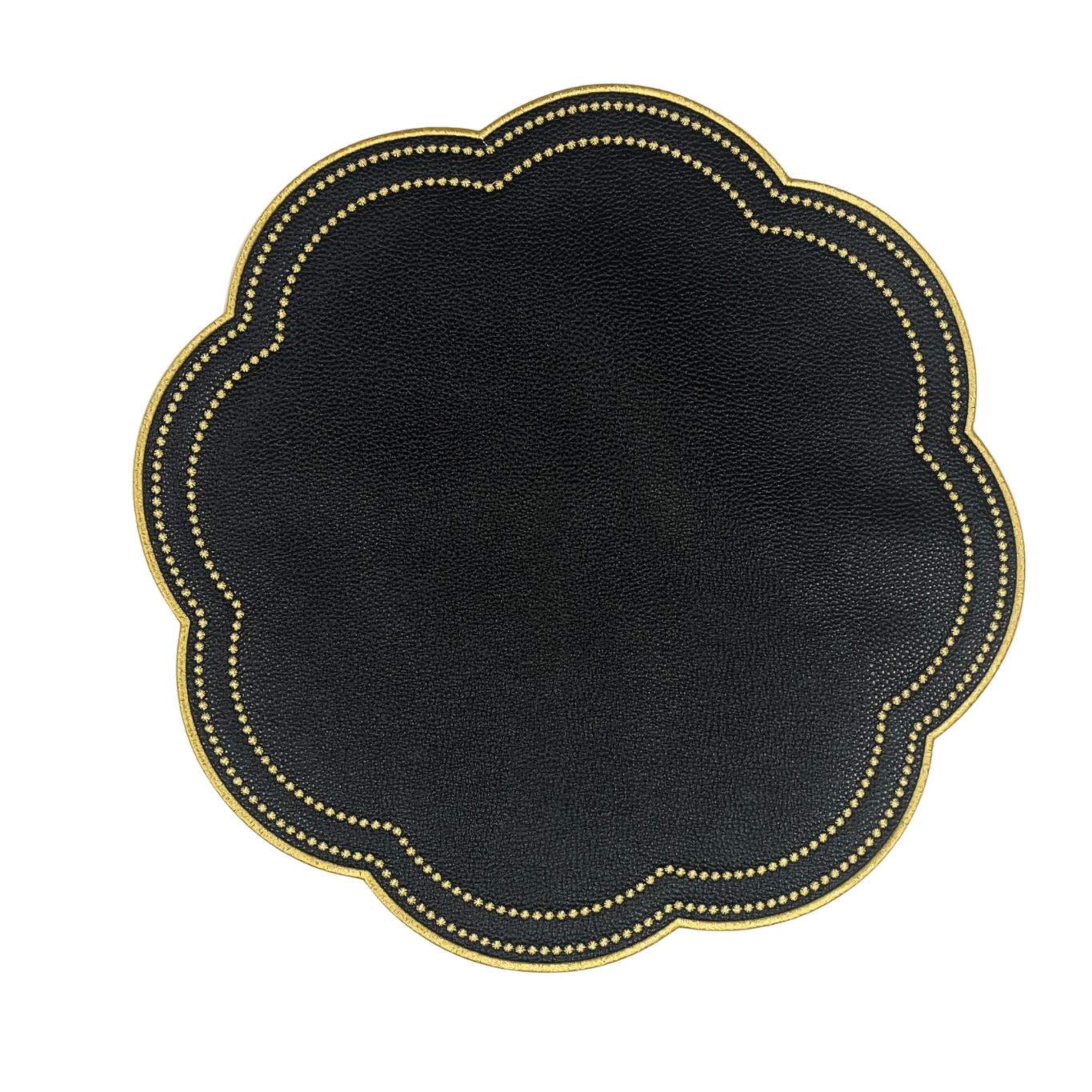 A round black faux leather placemat with gold accents around the edge, displayed on a white background.