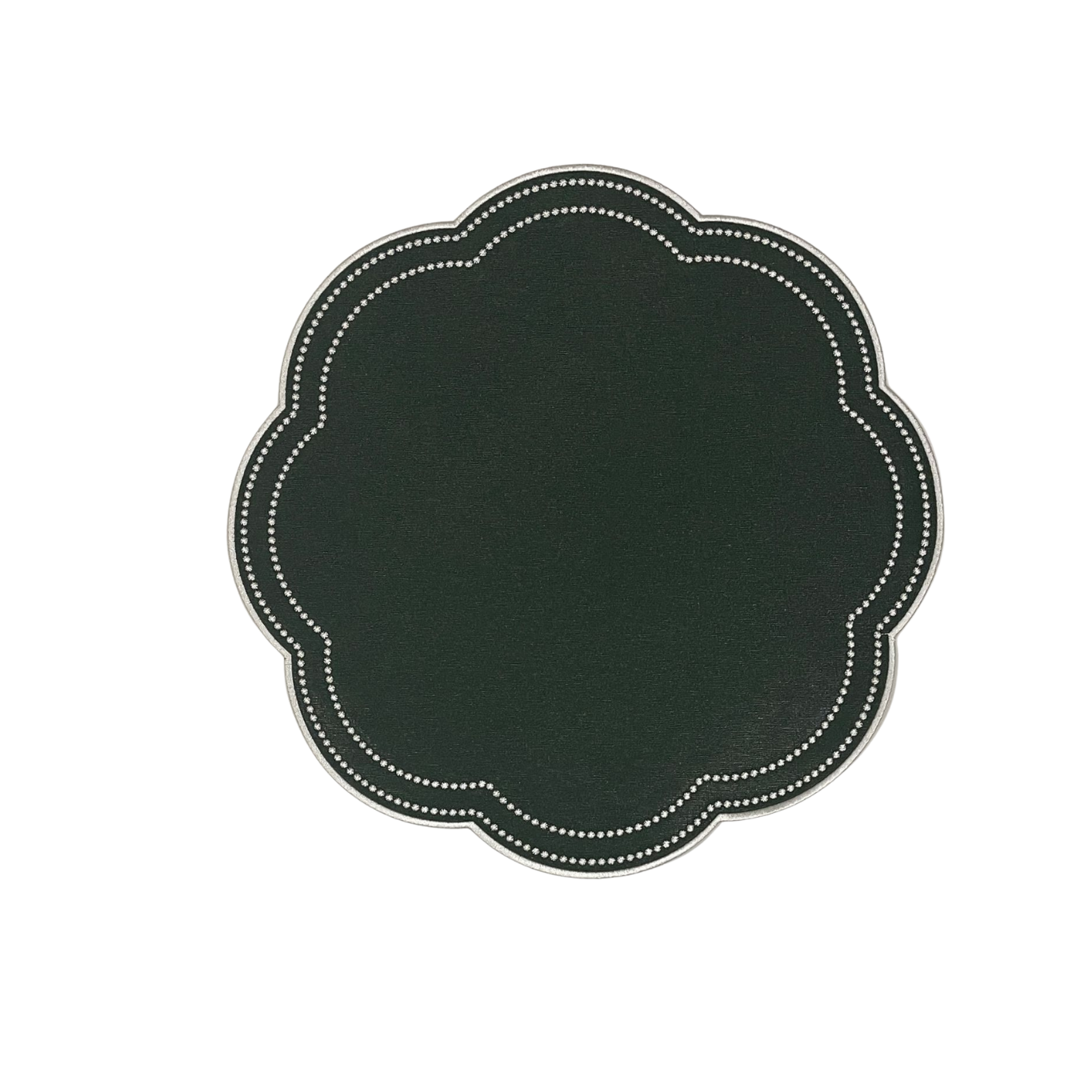 A round green faux leather placemat with white stitching detail around the edge.
