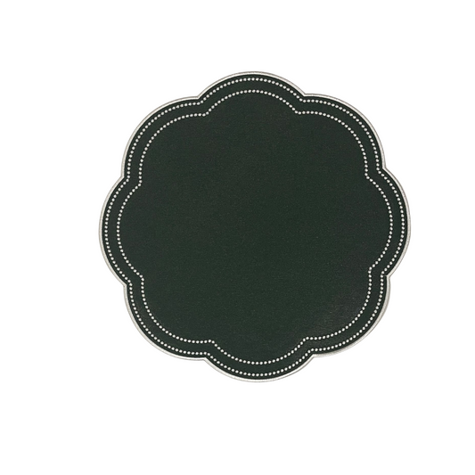 A round green faux leather placemat with white stitching detail around the edge.