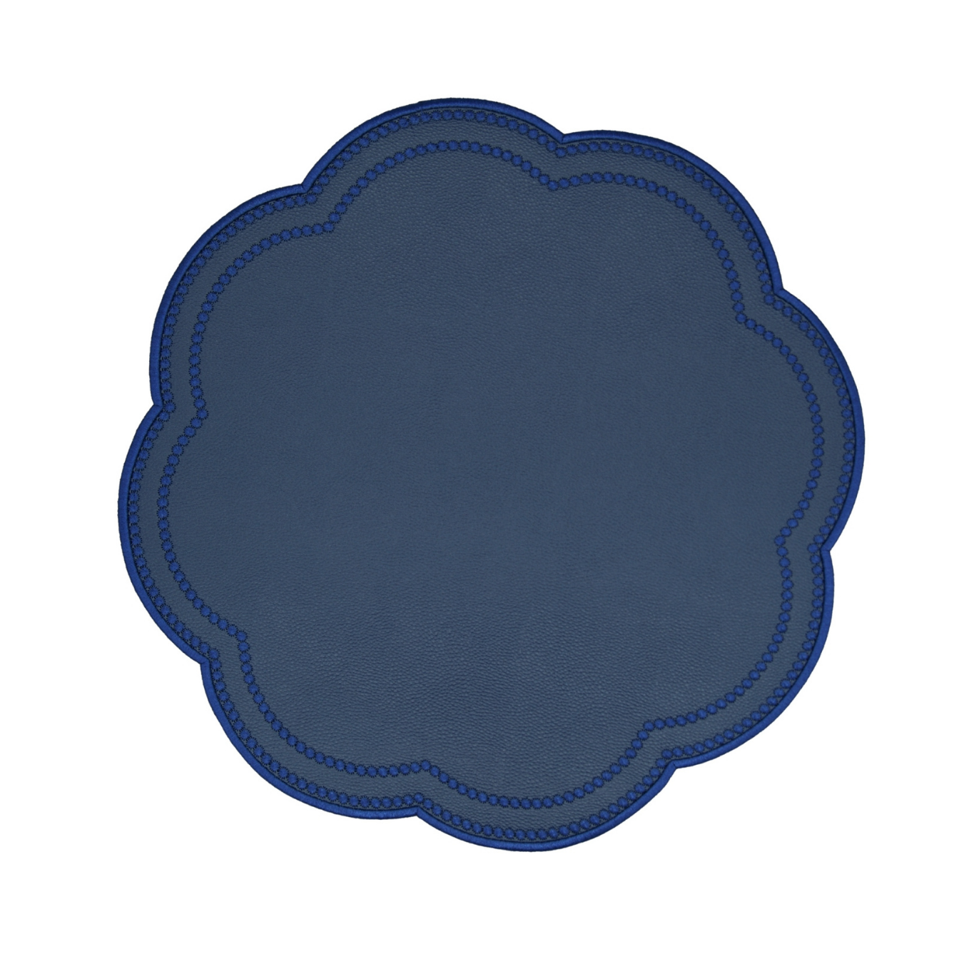 A round navy blue faux leather placemat with a scalloped edge design.