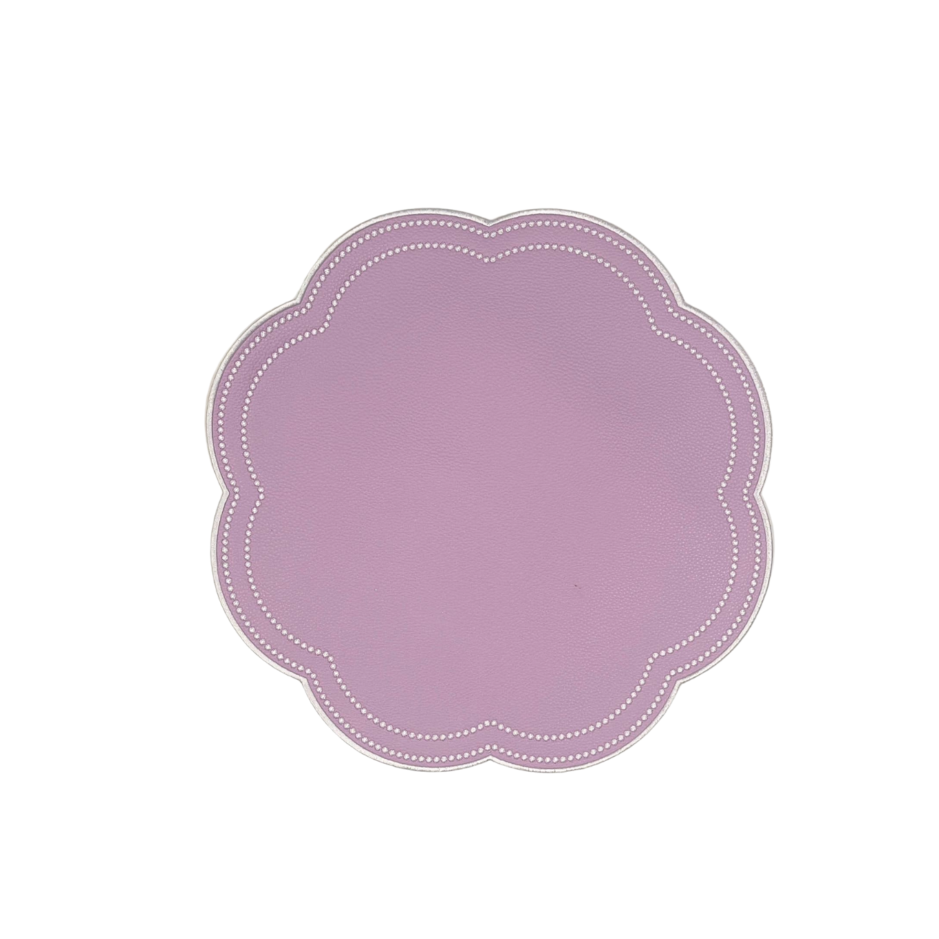 A round purple faux leather placemat with a scalloped edge and decorative stitching.