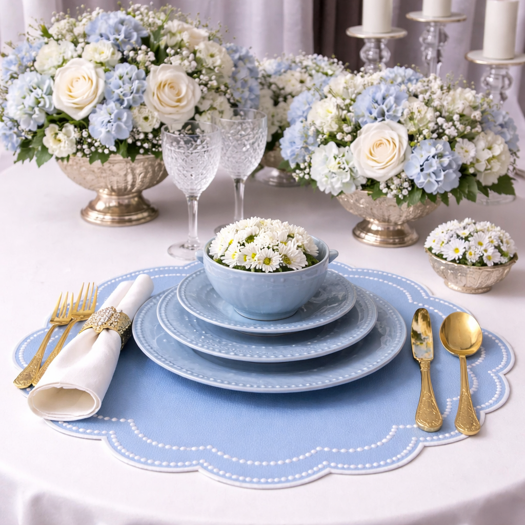 Elegant table setting with blue plates, white flowers, and gold cutlery on a white tablecloth.