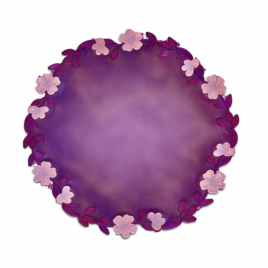 Round purple placemat with floral edge on a white background