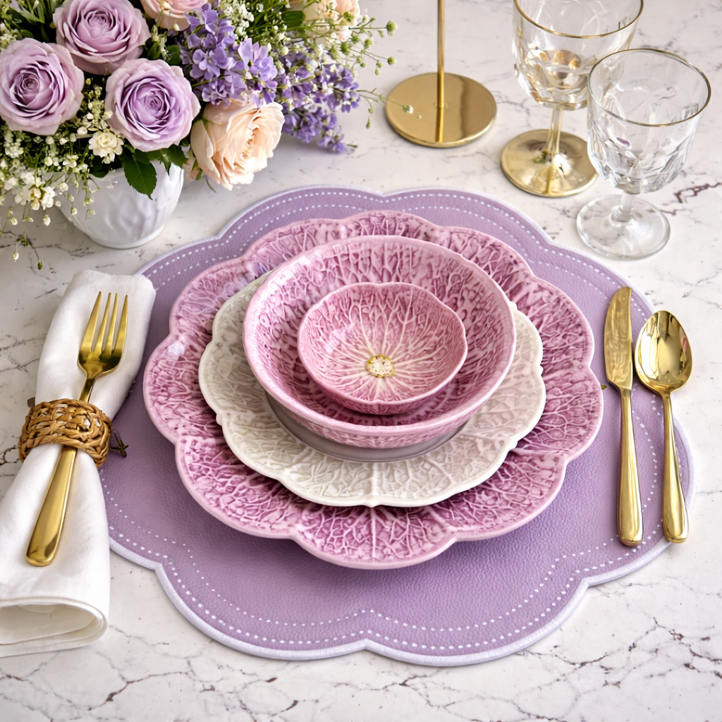 Pink ceramic tableware set on a matching placemat with gold cutlery and flowers in the background.