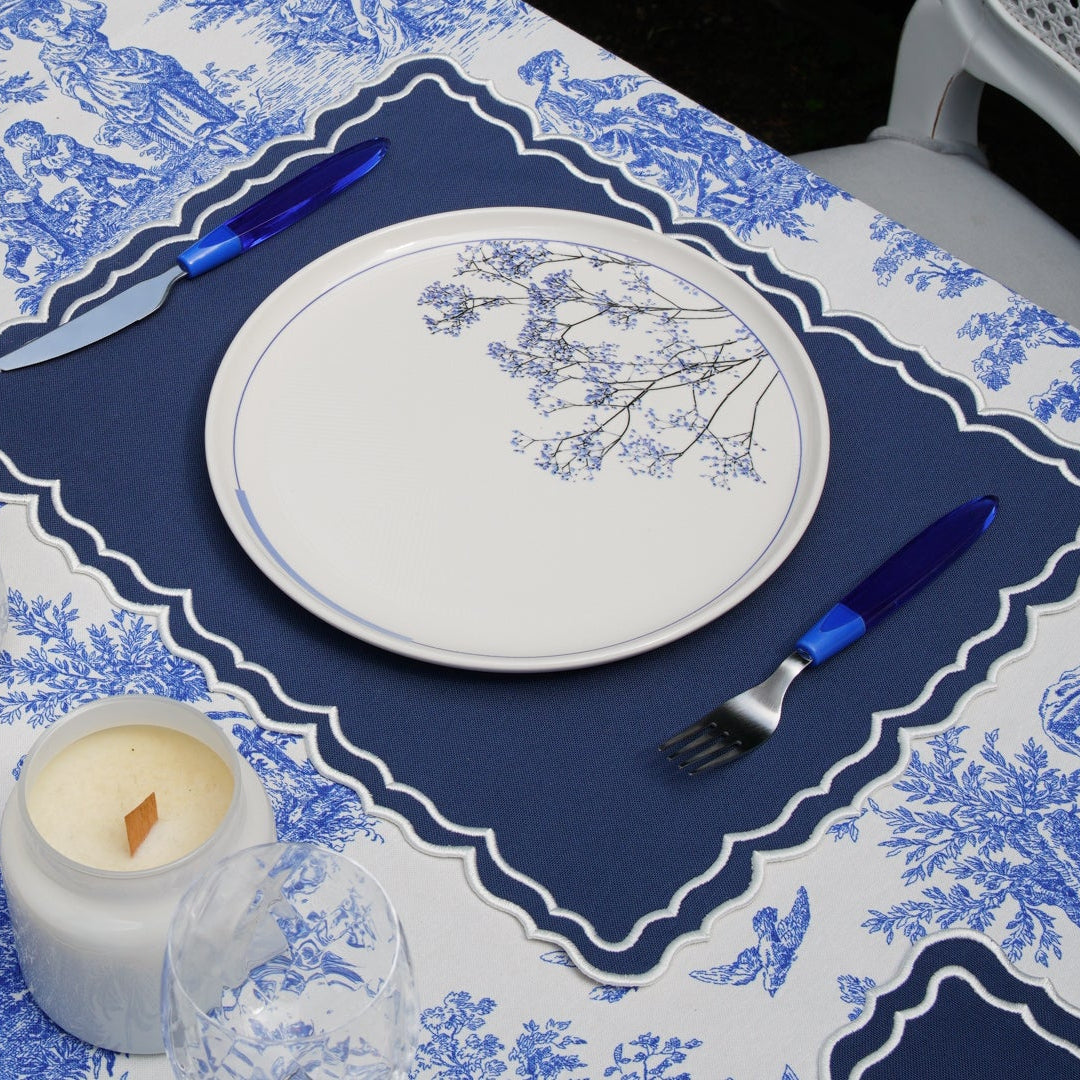 Elegant table setting with blue and white patterns
