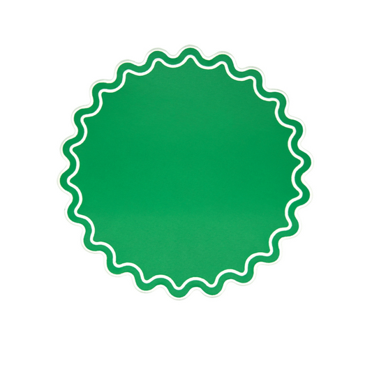 A round green faux leather placemat with a textured edge.
