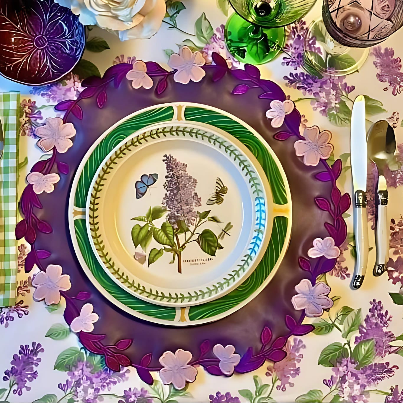 A purple faux leather placemat with embroidered details, presented on a table setting with a plate and cutlery.