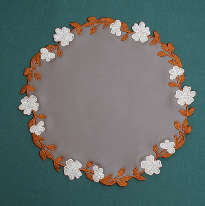 Decorative round mat with brown floral border on a green background