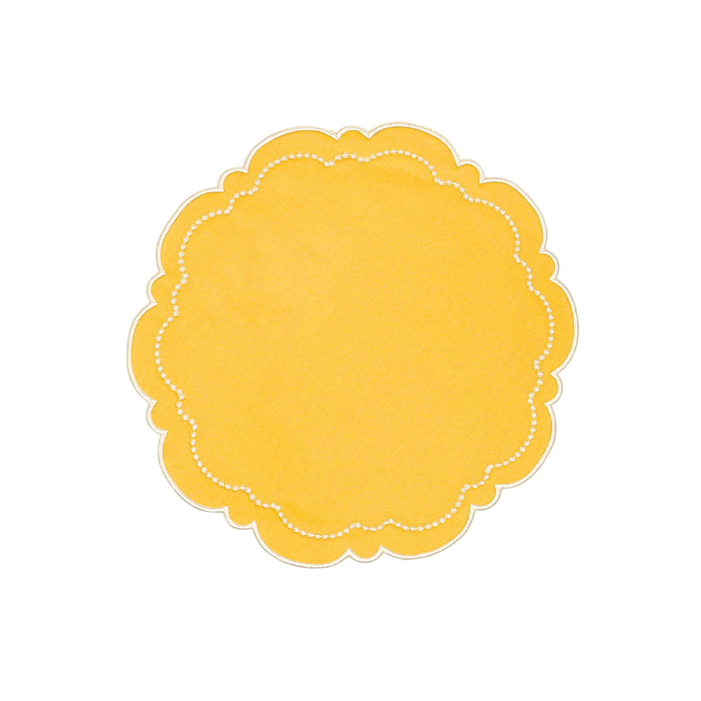 A yellow fabric placemat with scalloped edges on a white background.