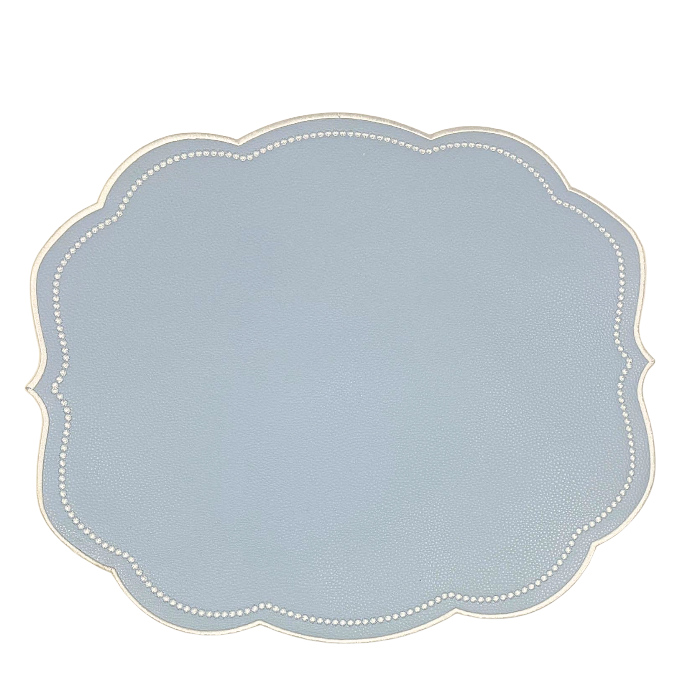 A round placemat with a light blue velour surface and a decorative edge on a white background.
