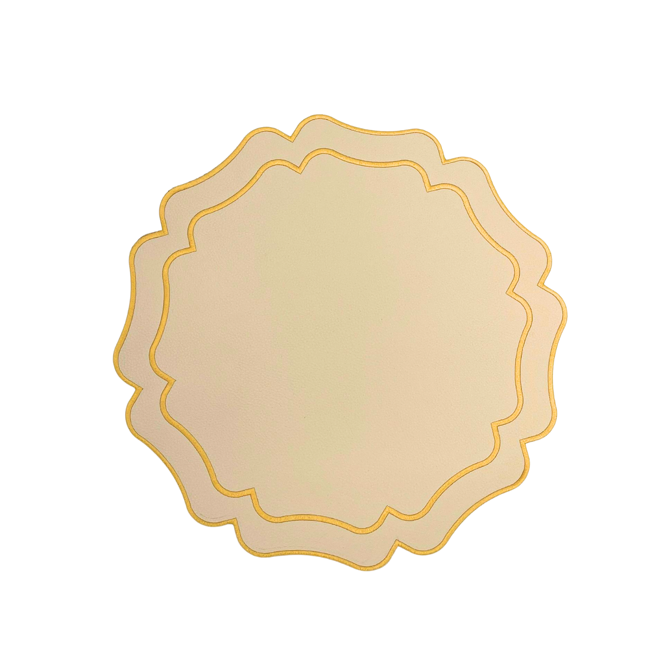 A round placemat with cream faux leather texture and decorative embroidery edge.