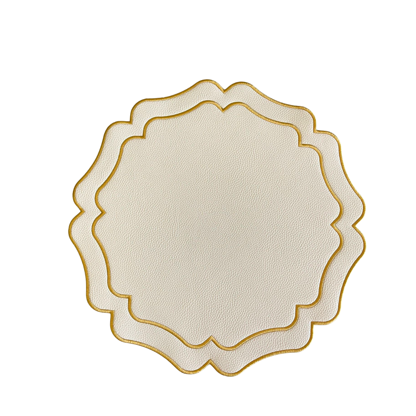 A round placemat with ivory faux leather texture and gold-colored trim, designed for use at dining tables.